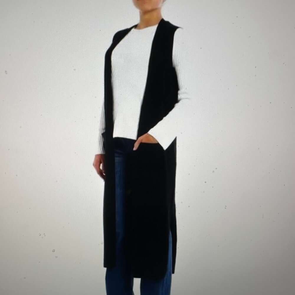 Theory Torina 100% Cashmere Sleeveless Duster Cardigan Vest in Black Women's L - Picture 3 of 5